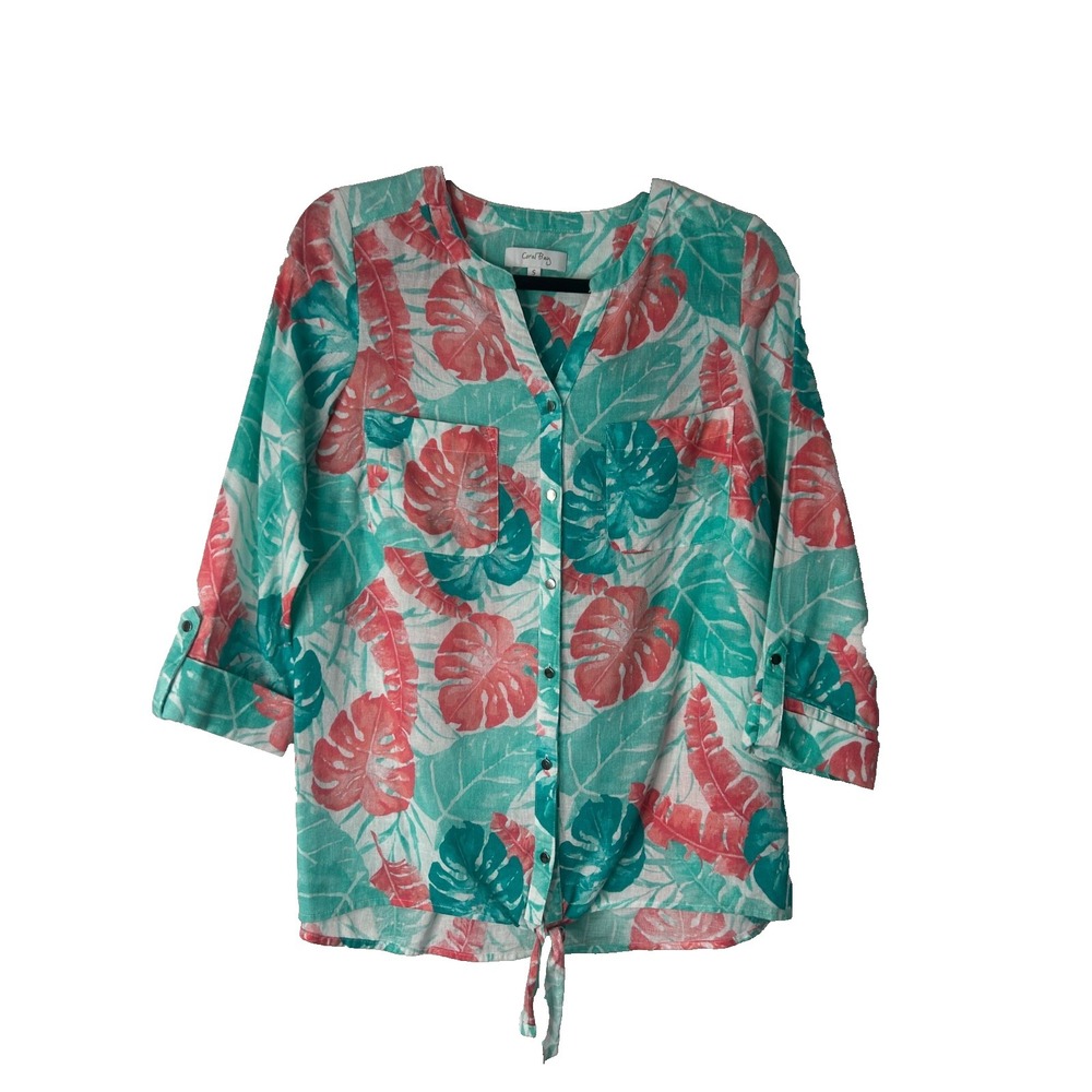 Coral Bay Top Size S Tropical Leaf Print Linen Blend Boho Lagenlook Button Up